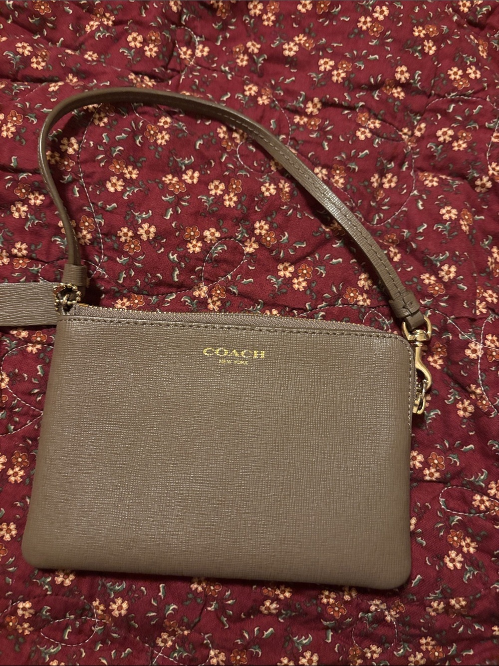 COACH Brown Saffiano Leather Crossbody Wristlet with Gold Logo